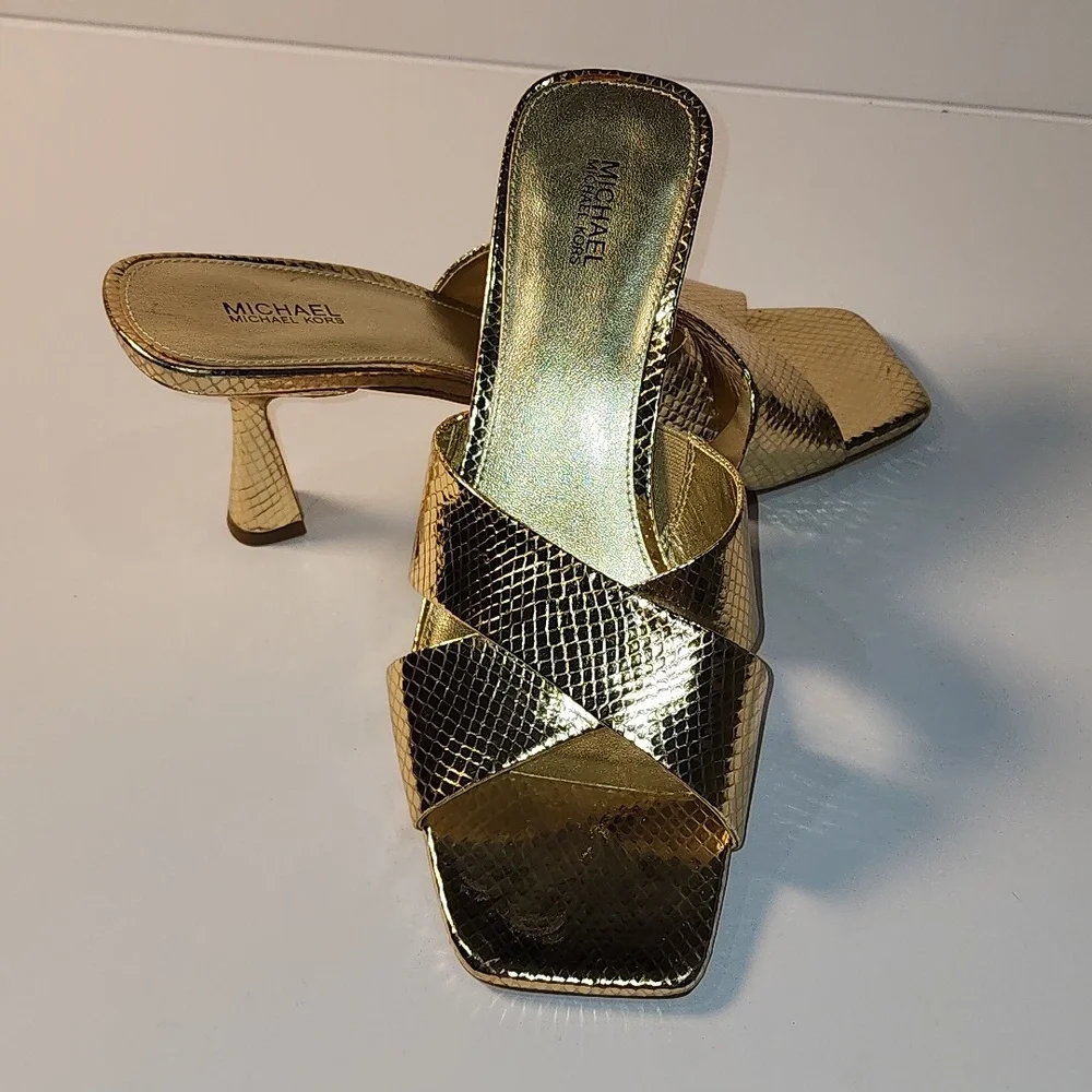 Michael Kors Gold Heeled Sandals with Crossover Strap